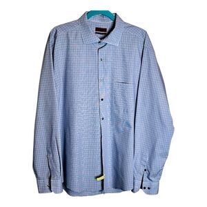 Alfani Mens Fitted Plaid Button Down Shirt Sz XL  17.5 Blue White Stretch Fabric